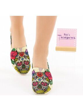 Groove Bags SUGAR SKULL & Roses Colorful Canvas Slip On Flats Shoes Sz 8.5 EU 40